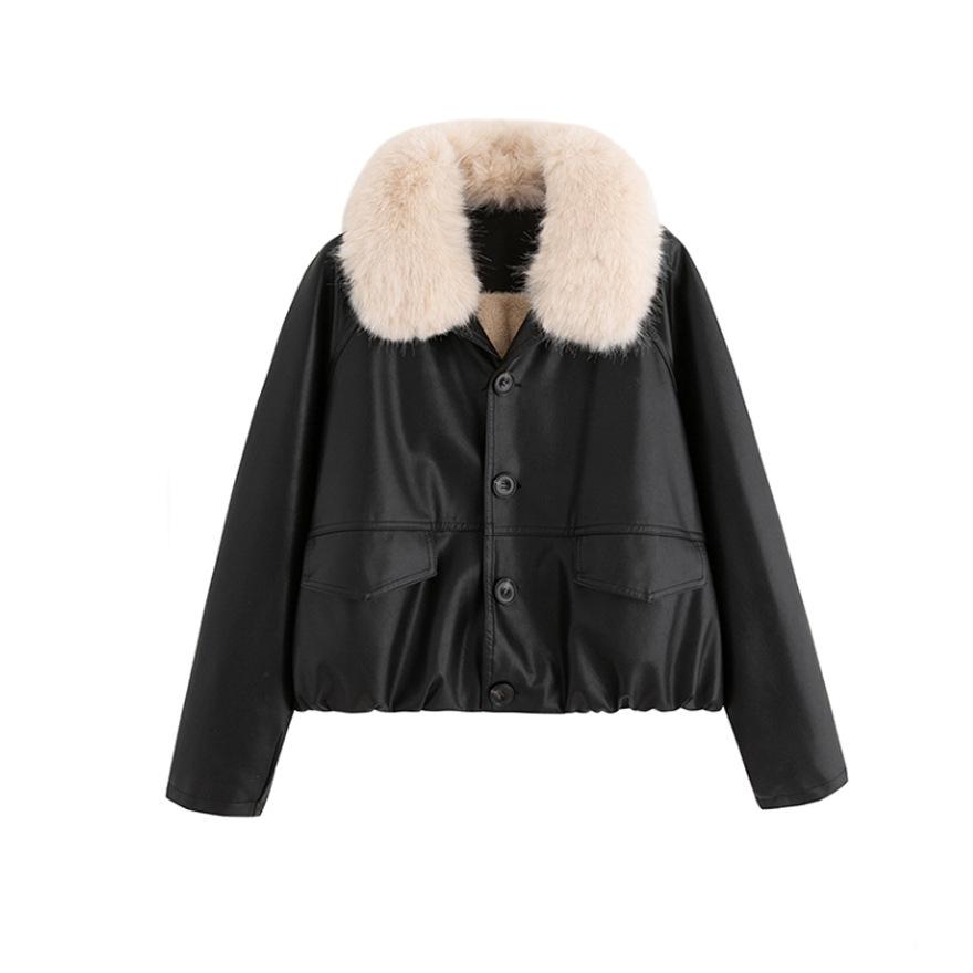 Fleece leather jacket short coat women's winter new thickened warm fashion leather jacket top