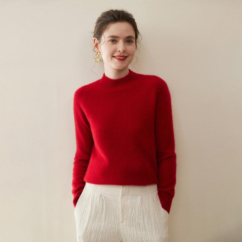 Women's 100% Pure Cashmere Sweater - Autumn/Winter Thick Half-High Collar Knit Base Layer, Loose Slimming Short Style