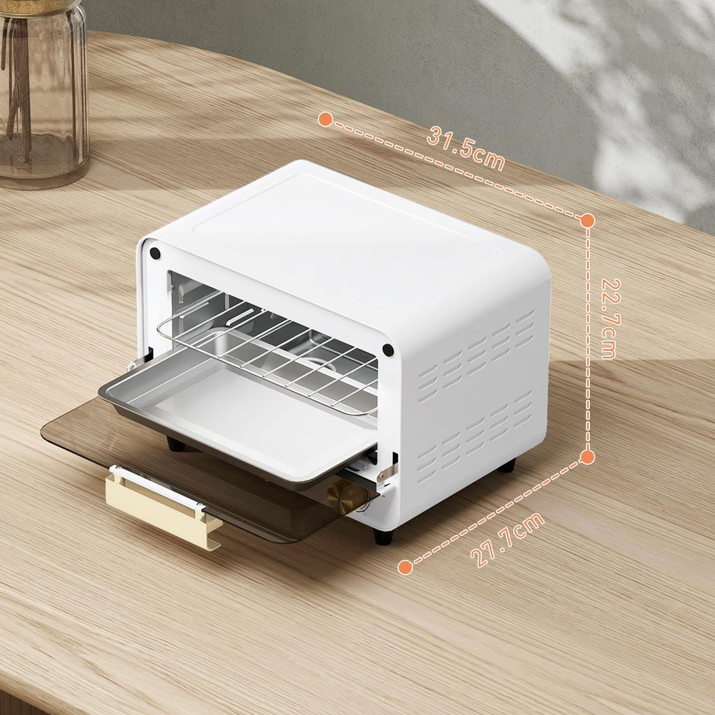 Electric Oven 12L with Timer and Adjustable Temperature, in Steel and Plastic, 31.5x27.7x22.7 cm, White and Gold