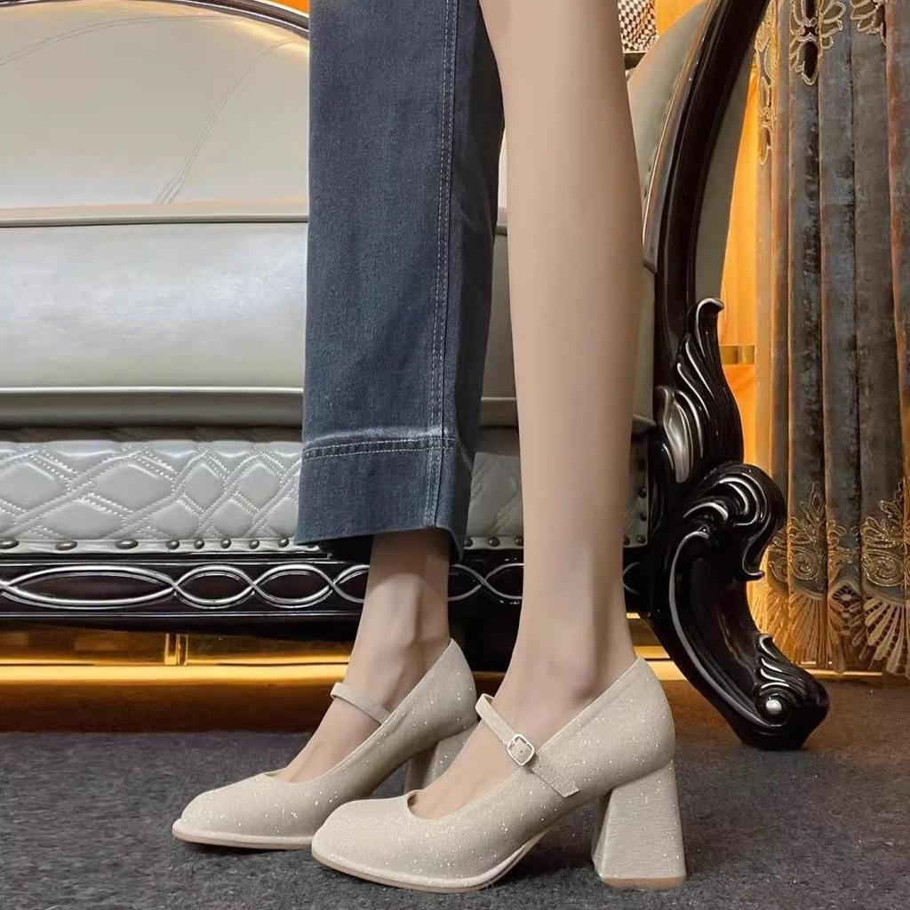 Gentle temperament Mary Jane high heels thick heel design sense late evening wind women with skirt cheongsam round head