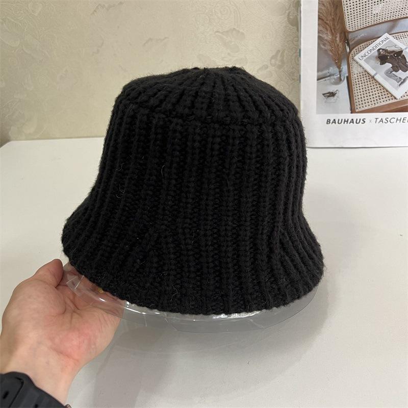 Solid color wool knitted jacquard flat top bucket hat women autumn and winter warm art college wind shade basin hat