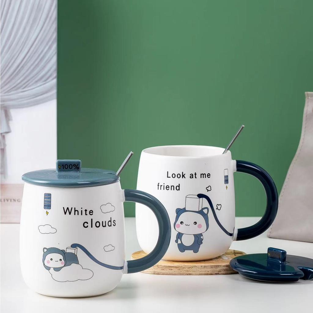 Creative Cartoon Charging Kitten Student Ceramic Cup with Lid Spoon High Temperature Resistant Mug Cup Advertising Gift Cup