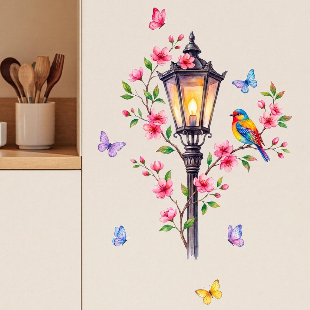 Retro Street Lamp Painted With Flowers, Branches, Birds And Butterflies, Living Room, Entryway, Home Decoration Wall Stickers
