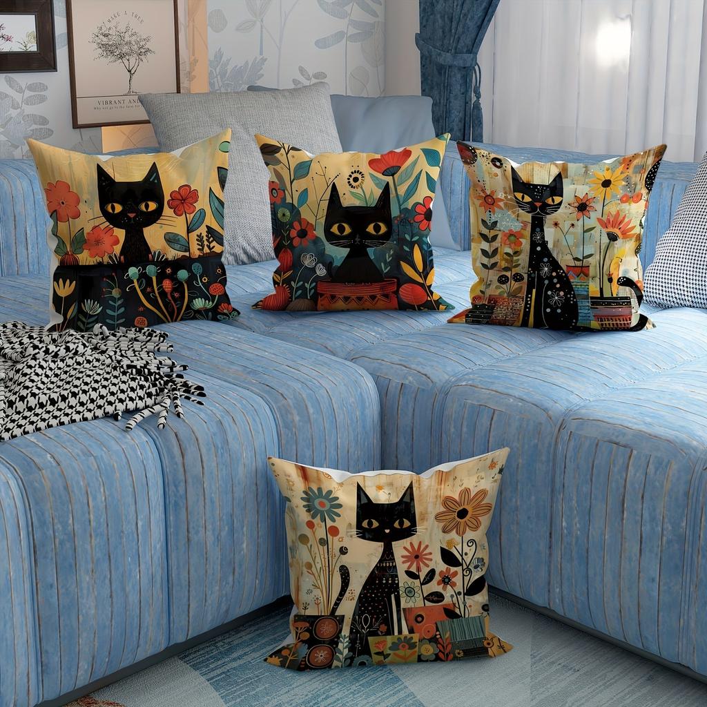 Vintage Schwarze Katze und Blume Kissenbezug Mittelalterliches Abstraktes Design Tägliche Heim Sofa Dekoration Kissenbezug