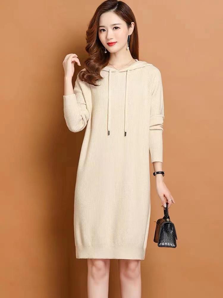 Early Autumn Hooded Knitted Dress Spring Autumn Medium and Long Autumn Slim Women's Dress 1 Color Sweater Dress