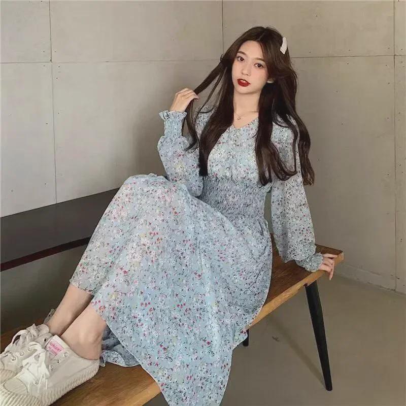 2024 Floral Chiffon V-Neck Dress: High-Waisted, Long-Sleeve, Waist-Cinching Korean Style for Spring and Autumn