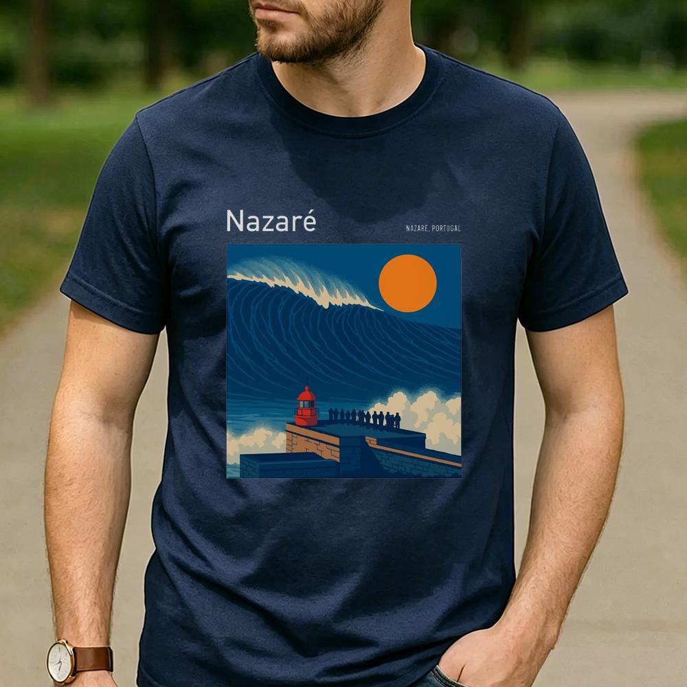 European Surf Travel Graphic T Shirt Nazar Portugal Giant Wave Lighthouse Print Unisex Cotton Crew Neck Holiday Tops