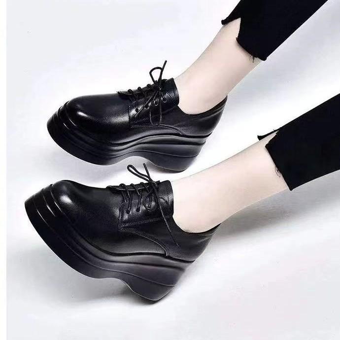 Soft Leather Muffin Bottom Deep Mouth Single Shoes Women 2025 Spring and Autumn New Small Pointed Muffin Shoes Lace Up Small Leather Shoes Women
