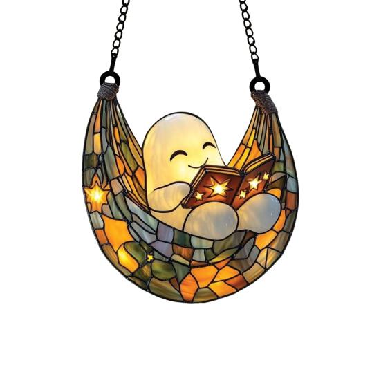 Halloween Acrylic Suncatcher Adorable Ghost Reading Book Pendant Black Cat Teacup Spooky Window Hanging Decoration for Home Parties Festivals