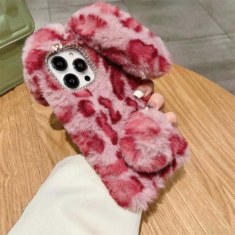 Custodia in Peluche con Stampa Leopardata Cartone Animato e Pelliccia di Coniglio per iPhone 17 Air 16 13 12 11 Pro Max XS XR X 7 8 Plus Copertura Antiurto