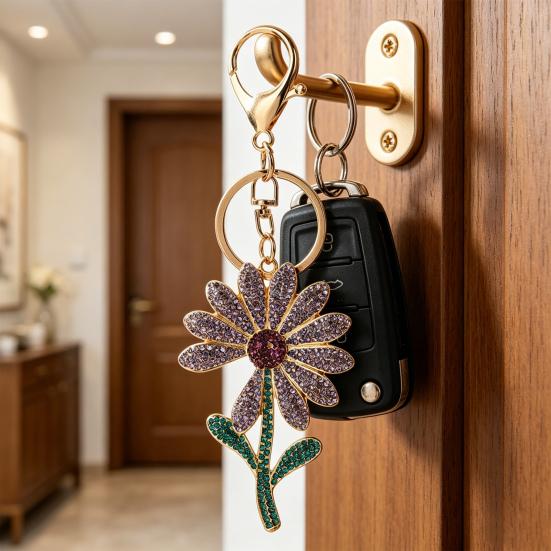 Keychain Pendant Sparkling Rhinestones Inlaid Chrysanthemum Design Key Chain with Lobster Clasp Lightweight Backpack Accessory