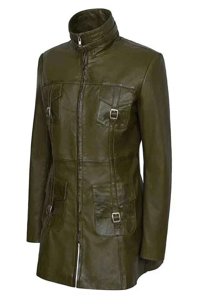 

Женский тренчкот стильный оливково-зеленый ручной работы из натуральной кожи ягненка, оригинальный дизайнер 3XL оливковое зеленый