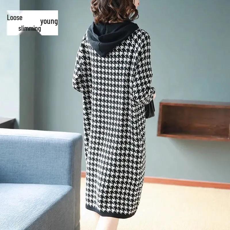 Plus Size Autumn Houndstooth Dress - Mid-Length with Fashionable Top