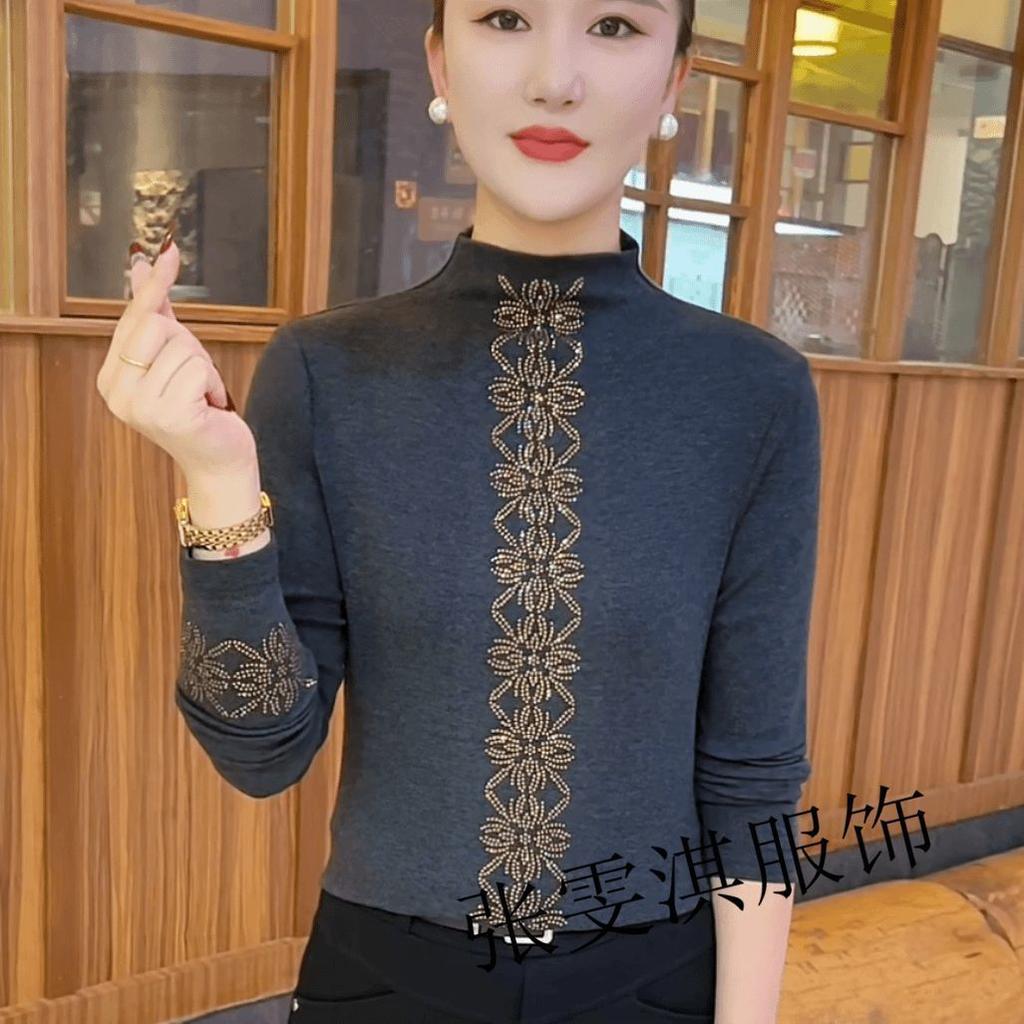 Autumn and Winter New Fashion Semi-turtleneck Solid Color Hot Diamond Bottoming Shirt Large Size Belly Cover Foreign Gas Shirt