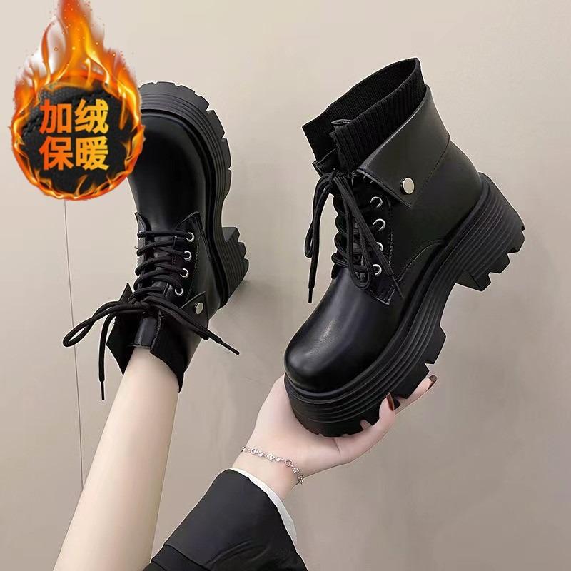 

Retro Martin boots women s autumn and winter new thick-soled heightening black slim short boots 40