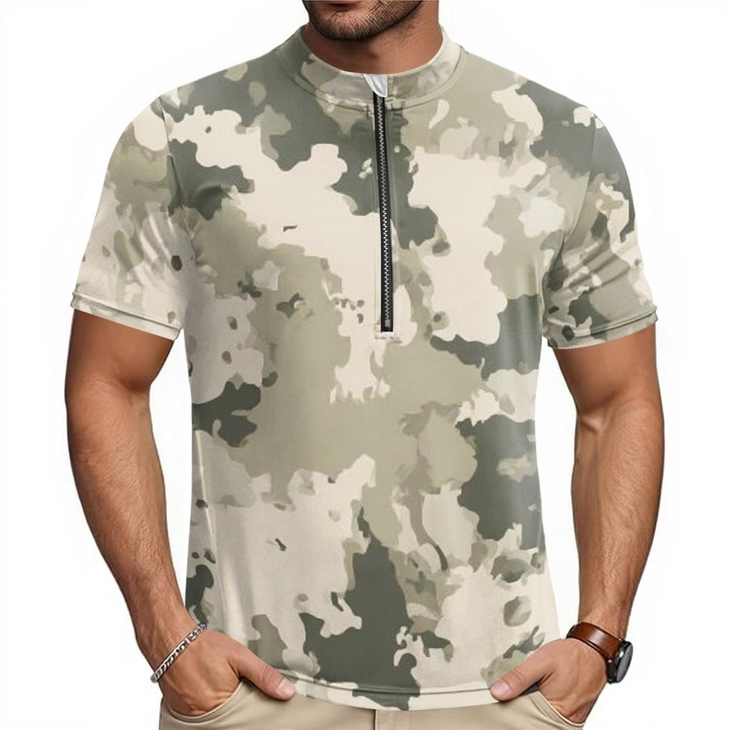 Men's Short Sleeve Cycling Jersey Breathable Quick Dry Half Zip Round Neck Printed Sports Shirt Lightweight Performance Top for Biking