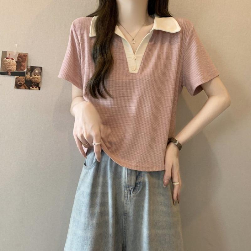 

Women s Contrast Collar Polo Shirt Casual Ribbed Knit Short Sleeve Cropped Top Loose Fit Daily Blouse L рожевий