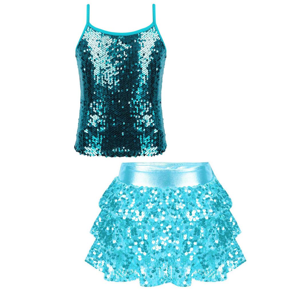 Kids Girls Two-Piece Dance Outfit Sparkly Sequined Camisole Tops with Tiered Ruffle Skirted Shorts Culottes