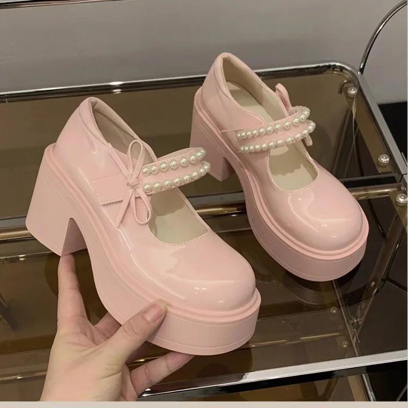 

Fashion French Pearl One Buckle Single Shoes Women 2025 New High Heels Block Heel Mary Jane Platform 40
