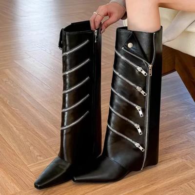 Women High Boots Pointed Toe Leather Shoes Women 2024 Trend Winter New Chelsea Zipper Snow Botas Goth Gladiator Motorcycle Boots