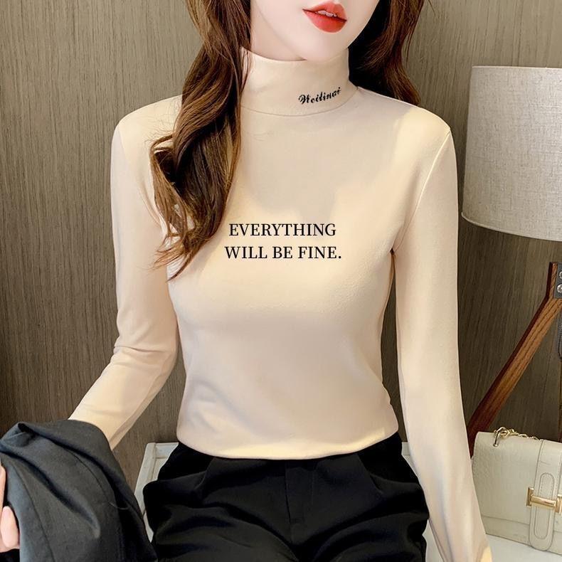 German Velvet Half-high Collar Printed Bottoming Shirt Women's Autumn and Winter Plus Velvet Long-sleeved T-shirt Slim-fit Warm  Top