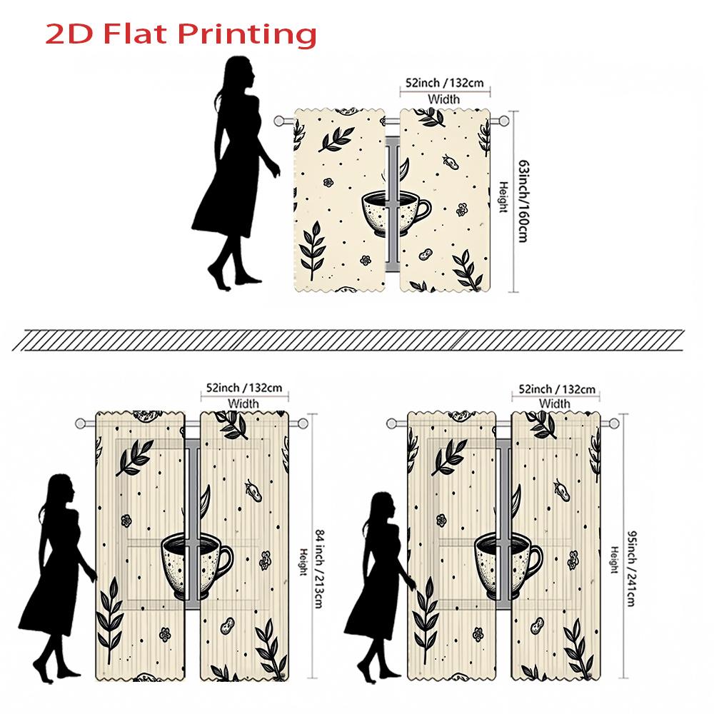 2D Flat   2pcs 2D Flat Printing Curtains   Coffee Cup Leaf Floral Pattern Dot Print Rod Pocket Velvet Fabric Window Drapes for Hom