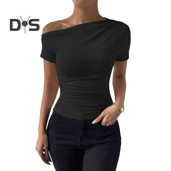 

Женская летняя футболка с косым воротником и коротким рукавом, приталенная футболка, однотонный пуловер с боковыми сборками, топы L чёрный