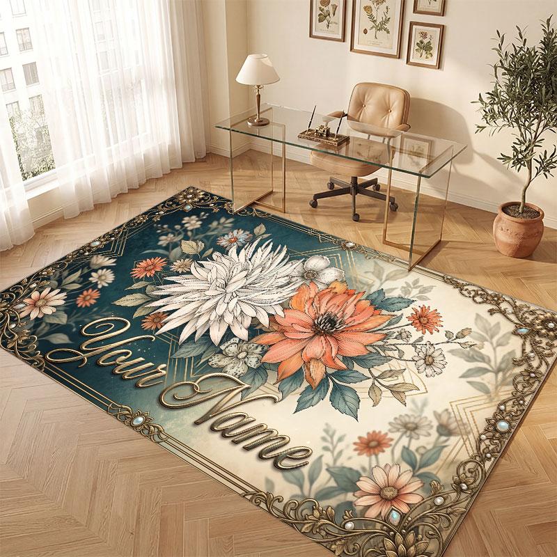 Floral Garden Theme Crystal Velvet Floor Rug Personalized Custom Name Text Warm Carpet Home Decoration