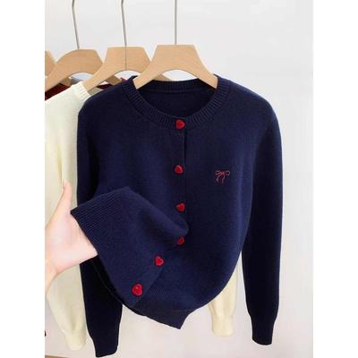 Embroidered Bow Long-sleeved Knitted Cardigan Jacket Women's Autumn Inner with Bottoming Sweater Autumn New Top