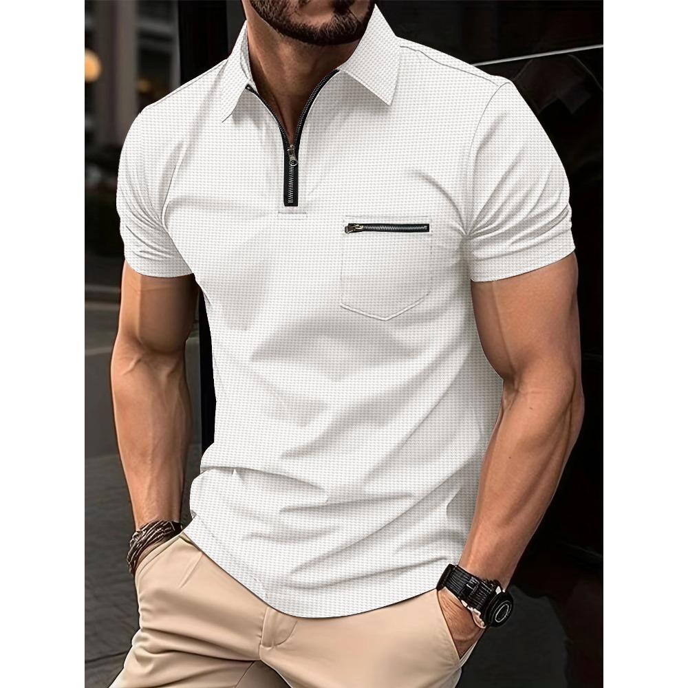 

New Waffle-Pattern Men s Polo Shirt with Pocket and Turn-Down Collar S