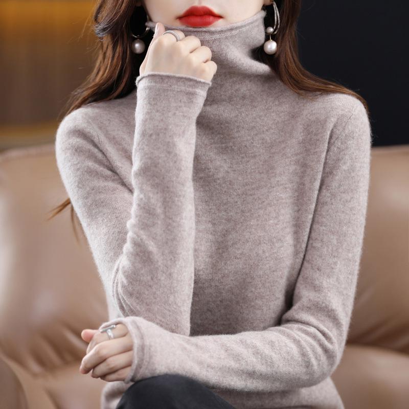 Women's High Neck Wool Sweater - 100% Pure Wool, Rolled Edge for Autumn/Winter - Versatile Cashmere Base Layer Knitwear.