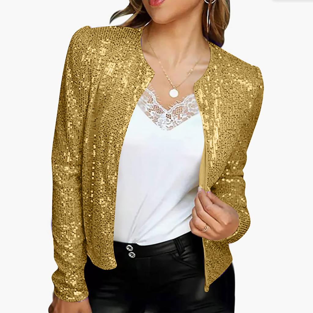 Women's Cardigan Long Sleeve Shiny Sequin Coat Open Front Casual Female Jacketc