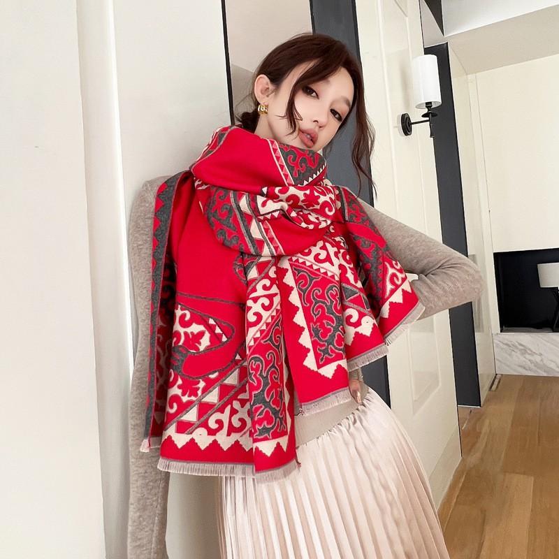 Premium Double-Sided Jacquard Houndstooth Scarf Wrap Women Winter Fall Warm Cotton Blend Shawl 185x70cm