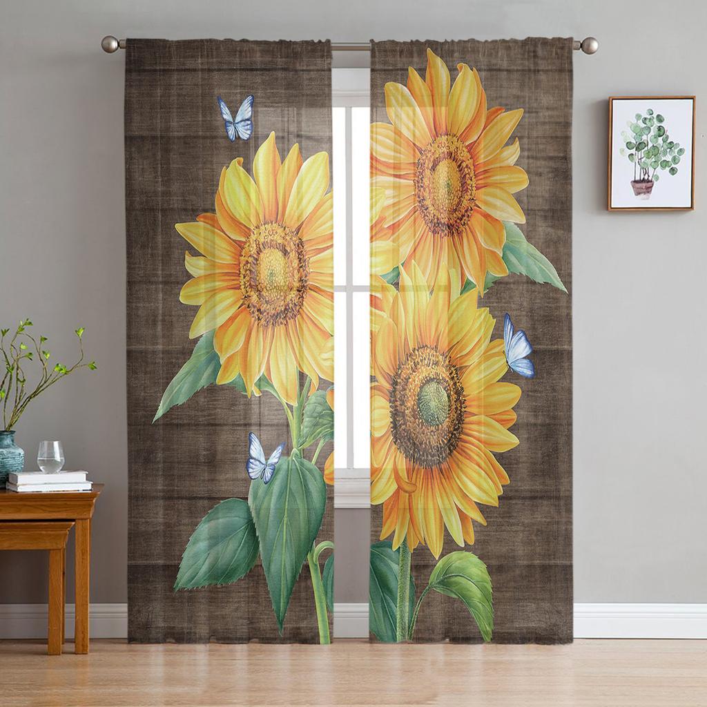 Bauernhof Blume Sonnenblume Schmetterling Tüllvorhang Voile Transparent Tüll für Schlafzimmer Wohnzimmer Küche Durchsichtige Fenstervorhänge