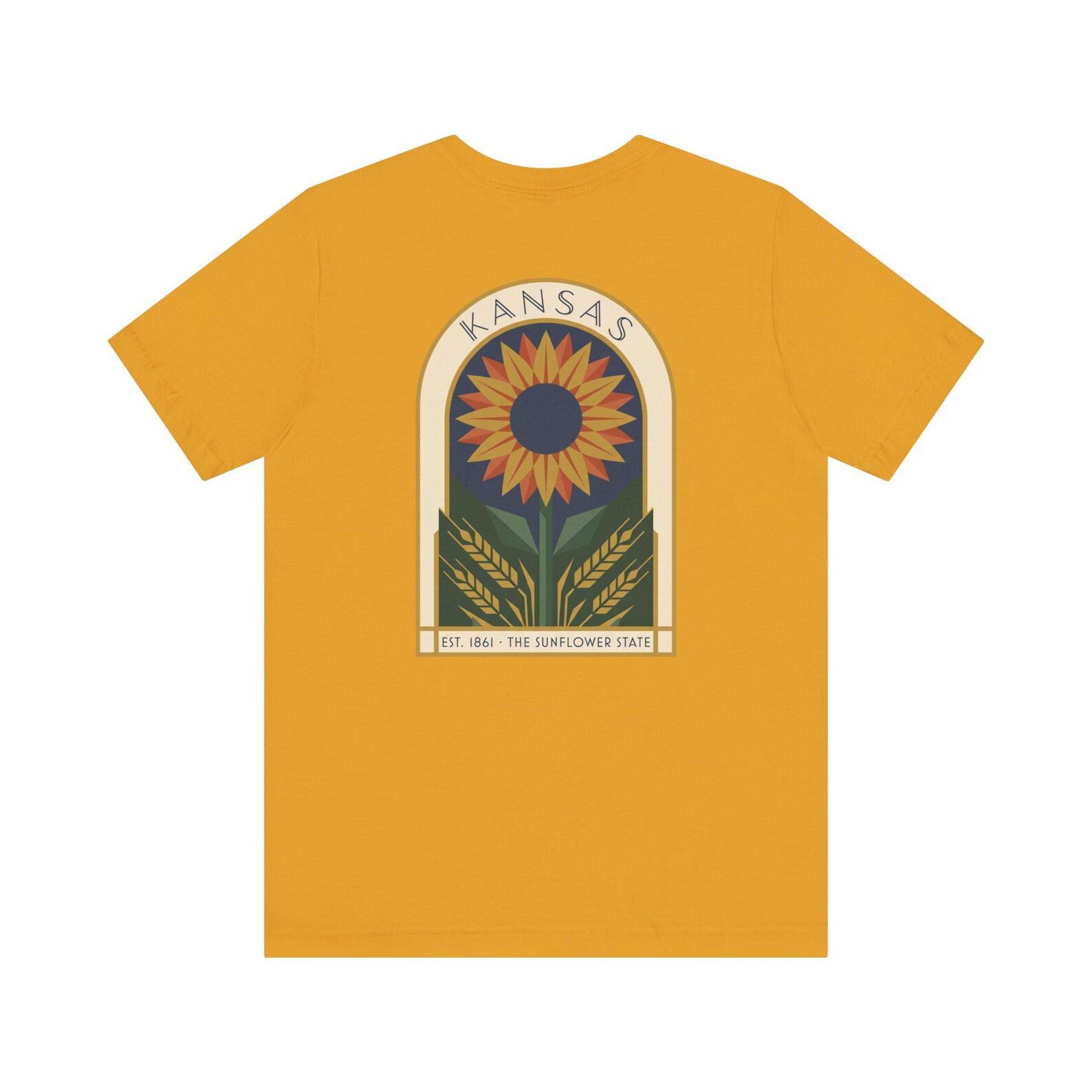 Kansas Sunflower Art Deco T-Shirt | Retro State Floral Graphic Tee | Sunflower State Pride Gift XL