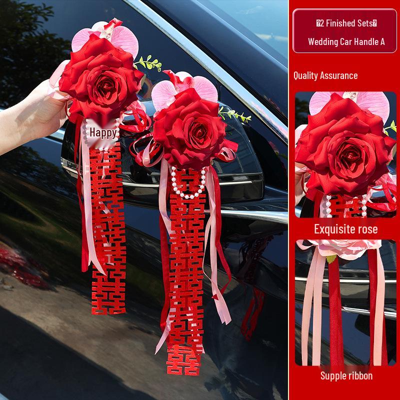 Complete Wedding Car Decoration Set: Escort Car Hood Flowers, Welcome Garland, Double Happiness Arrangement for a Festive Display