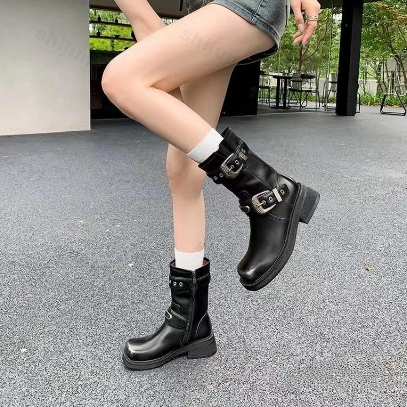 Fashion Women Short Boots 2025 New Autumn Square Toe Low Heel Straps Cowboy Knight Boots Fashion Platform Buckle Ankle Boots Botas Mujer