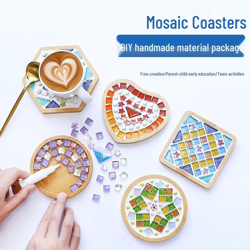 Handmade Children's Mosaic DIY Coaster Craft Kit with Bamboo Wood Tray