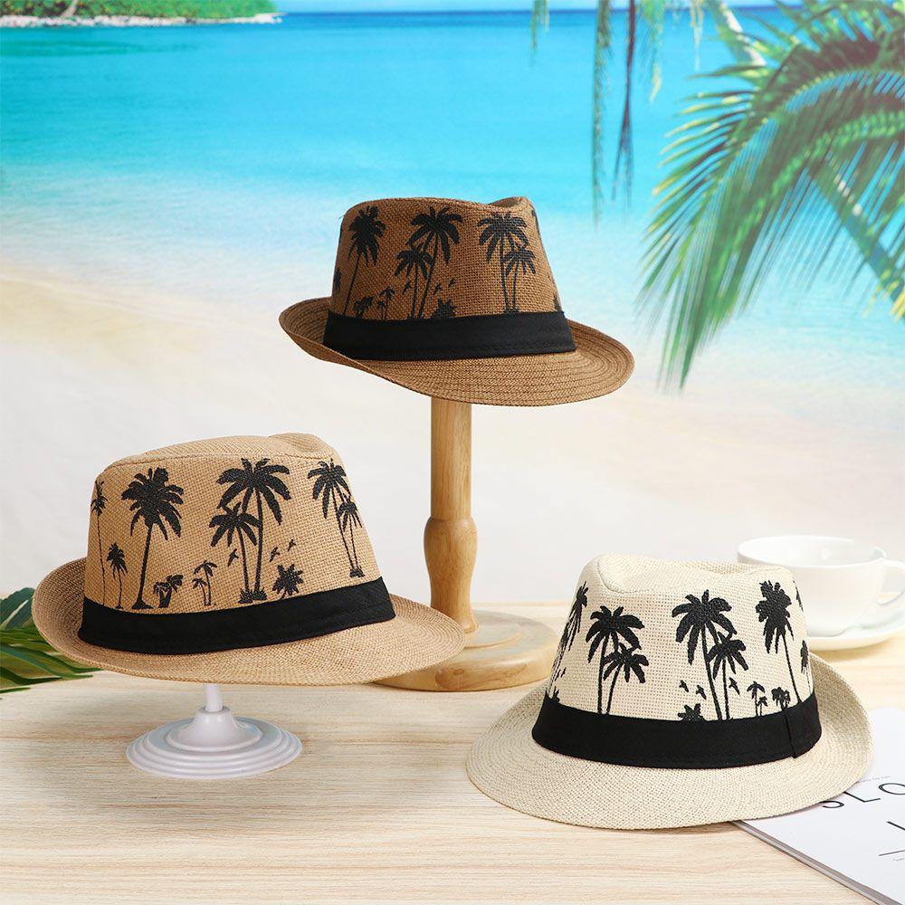 New Fedora Cap Men Women Sun Hat Top Hats Jazz Cap Coconut Trees Pattern Beach Hat