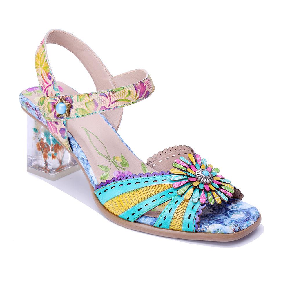 Johnature Sandali Stampati Colorati con Tacco Alto in Vera Pelle Stile Barocco Retrò Raffinati Floreali Scarpe da Donna