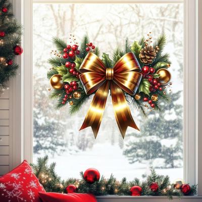 Weihnachtsaufkleber, festliche Schleifen- und Kranz-Aufkleber, abnehmbare PVC-Aufkleber für Fensterglas