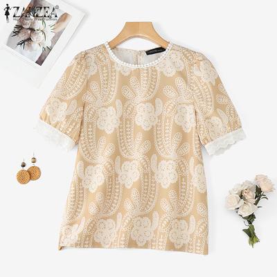 Women Summer Round Neck Casual Short Sleeve Print Blouse