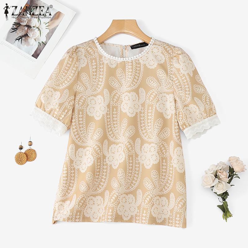 ZANZEA Women Summer Round Neck Casual Short Sleeve Print Blouse