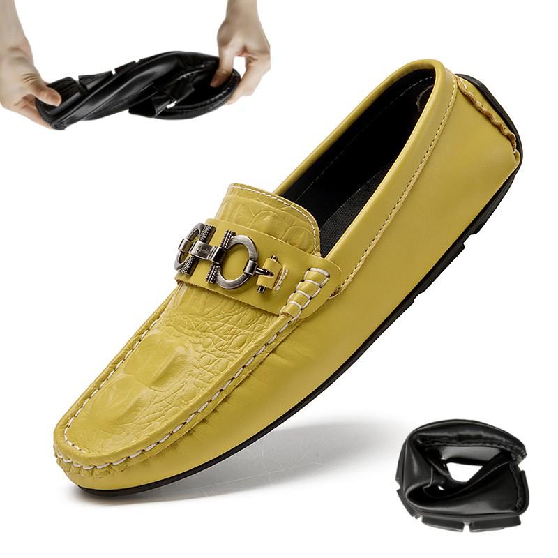 Men s Genuine Leather Crocodile Pattern Loafers - Spring/Autumn Casual Slip-on Driving Shoes, Korean Style 38 жёлтый