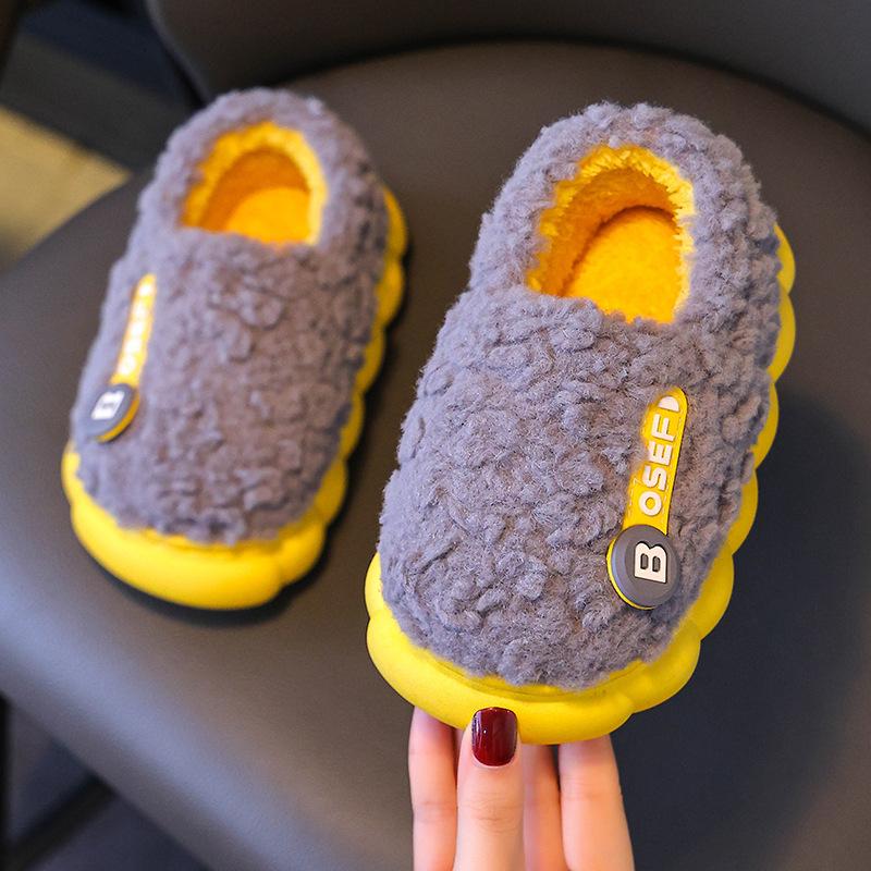 Children's cotton slippers Boys bag heel cotton shoes Winter new velvet warm cotton drag boys non-slip wool slippers