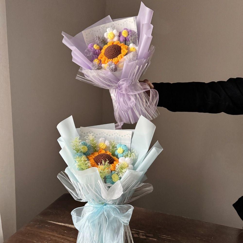 Finished Cute Bear Flower Bouquet Woven Simulation Sunflower Yarn Bouquet Knitted Flower