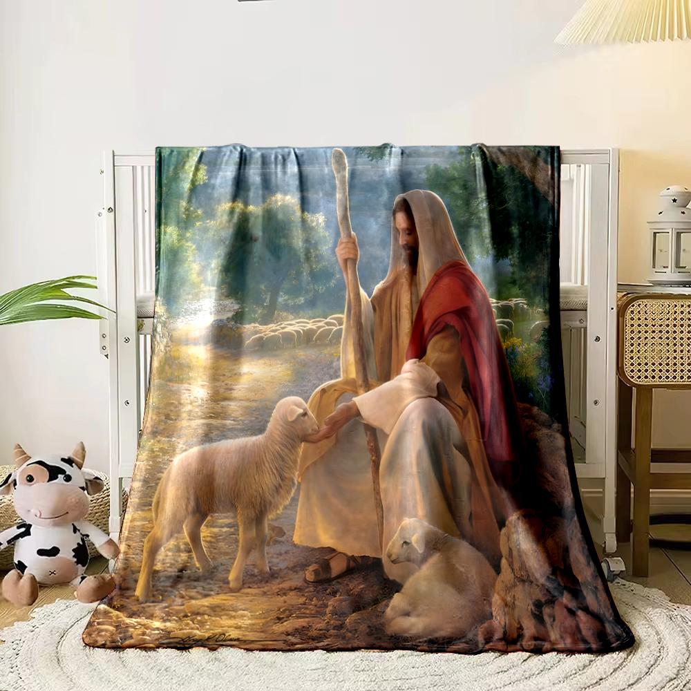 Shepherd with Lambs Pastoral Scene BlanketFlannel blanket for bedroom, living room, sofa, and nap