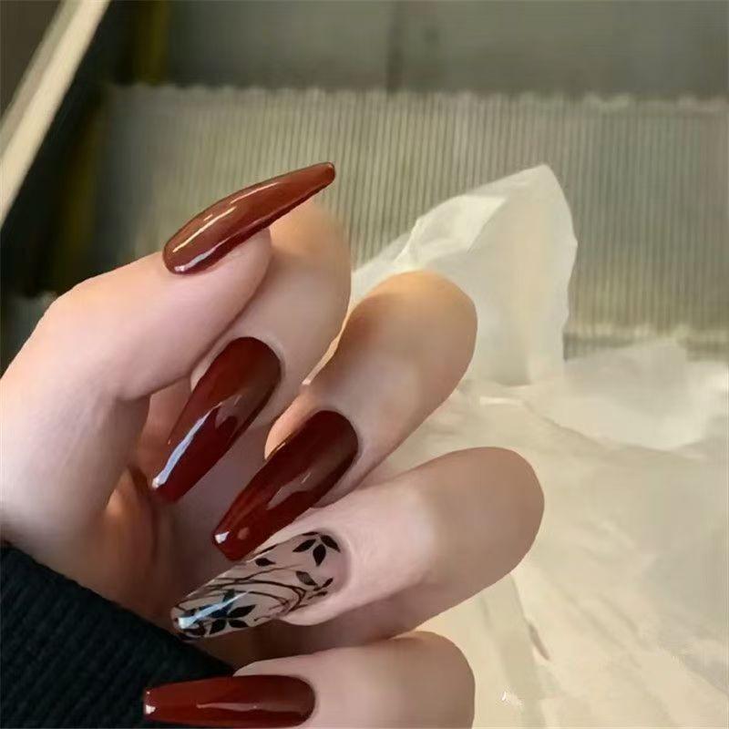 Chinese Ink Wash Wearable Nail Art Stickers - Long T-Shaped Fake Nail Patches