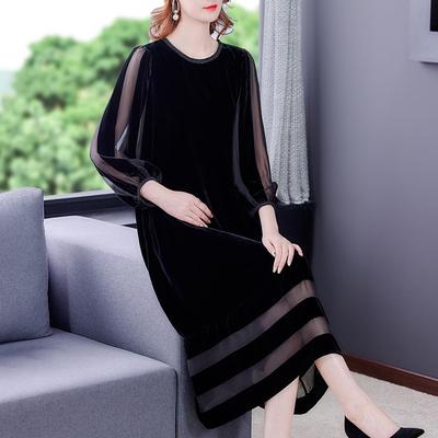 Female Black Velvet Loose Maxi Dress Spring Autumn Vintage Mesh Patchwork Sexy Dress Elegant Casual