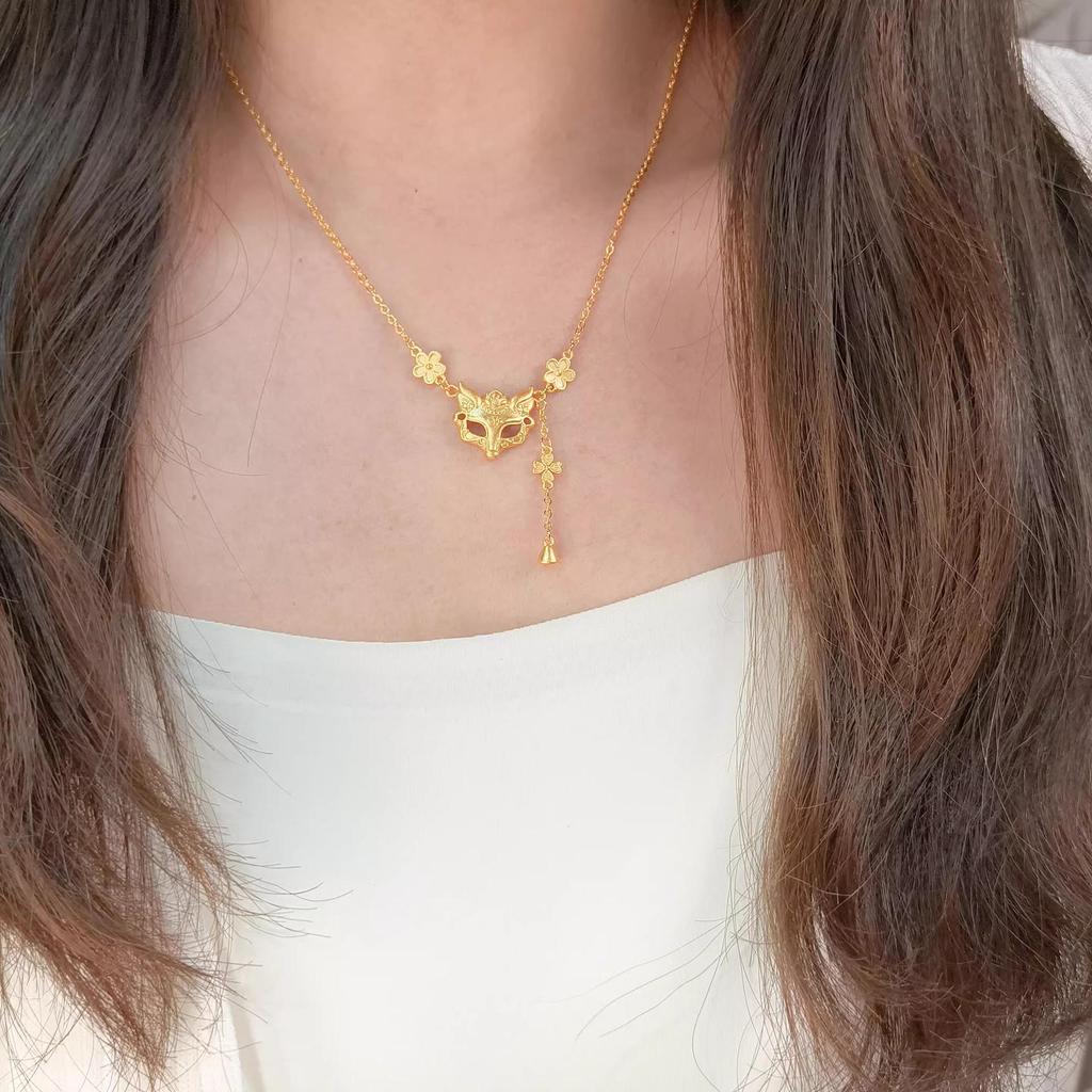Sterling Silver Fox Mask Necklace with Gilded Flower Tassel - Chinese Style Jewelry, Perfect Birthday Gift for Women